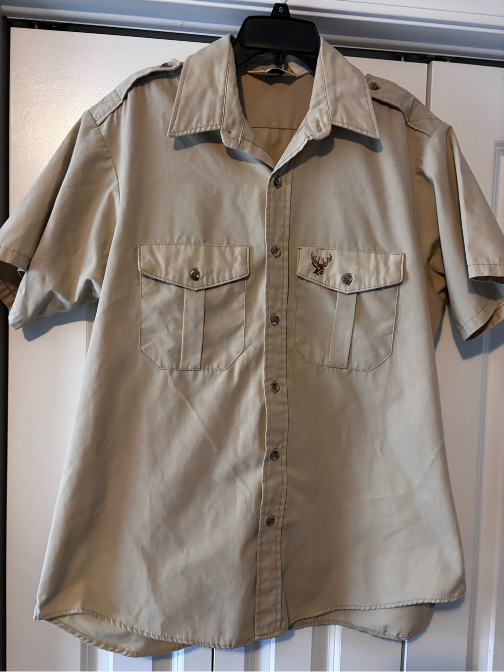 Vintage dukbak short-Sleeve Casual Button-Down Shirt - Khaki Embroidered Buck